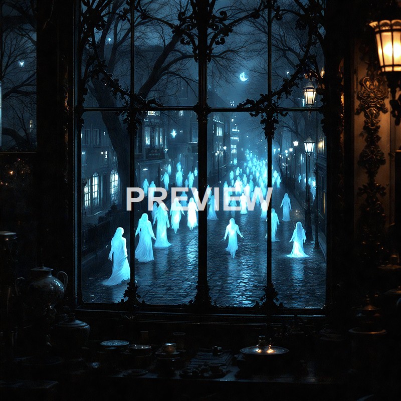 The image shows a night scene viewed through a window with a decorative frame, revealing a street filled with ghostly, glowing figures dressed in white robes walking along a cobblestone path, with leafless trees and old-fashioned street lamps creating a mysterious atmosphere.